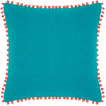 Load image into Gallery viewer, Velvet Pompom Cushion Teal/Coral: Teal/Coral / Feather Rich Filled / 45 x 45cm
