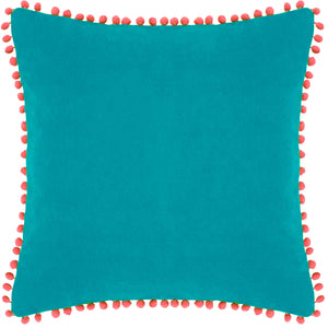 Velvet Pompom Cushion Teal/Coral: Teal/Coral / Feather Rich Filled / 45 x 45cm
