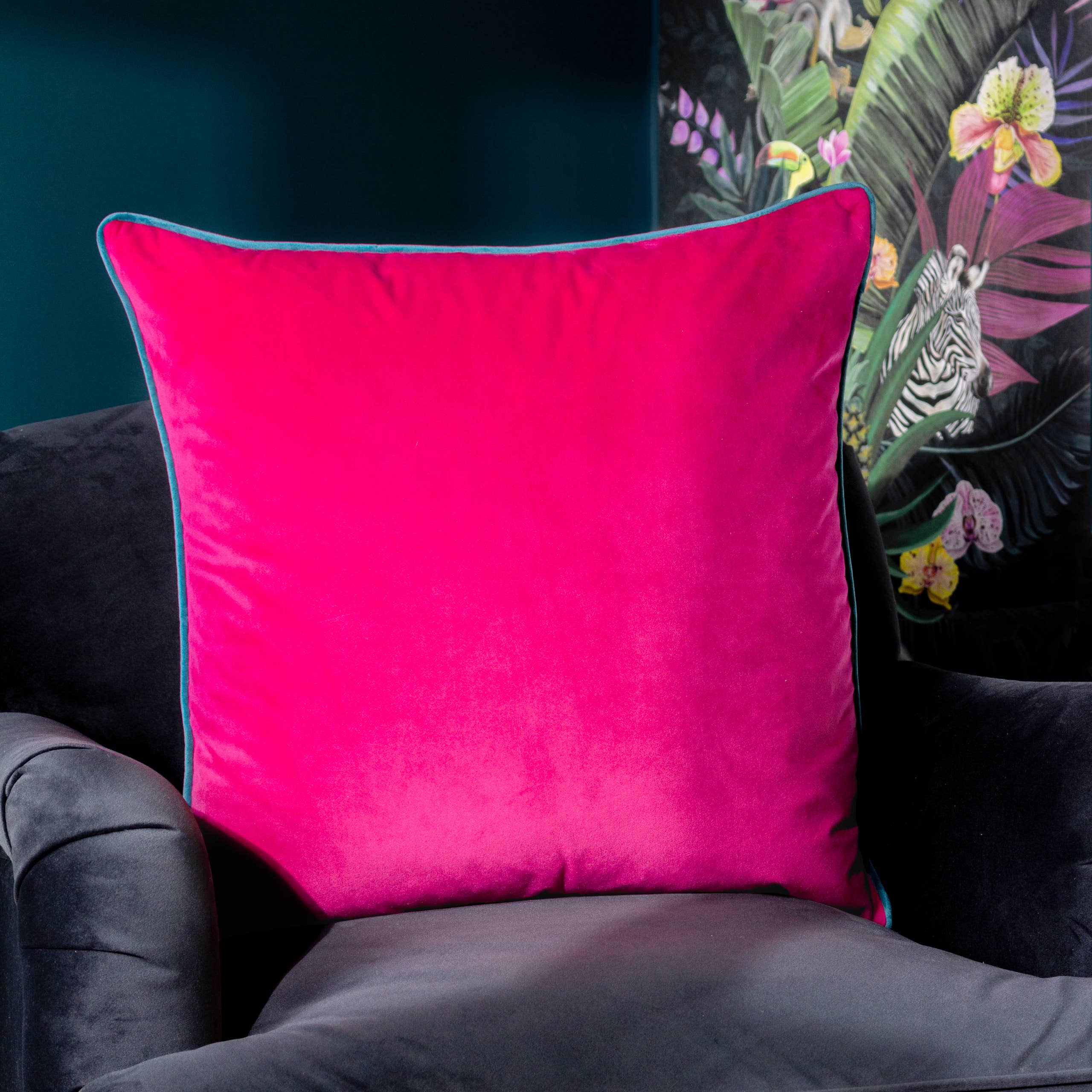 Meridian Velvet Cushion Raspberry/Teal: Raspberry/Teal / Feather Rich Filled / 55 x 55cm
