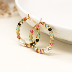 Earrings - Gold Glass Bead & Pearl Hoop