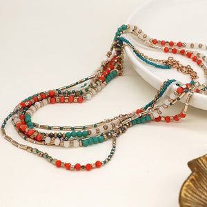 Multi Layer Necklace - Coral & Turquoise