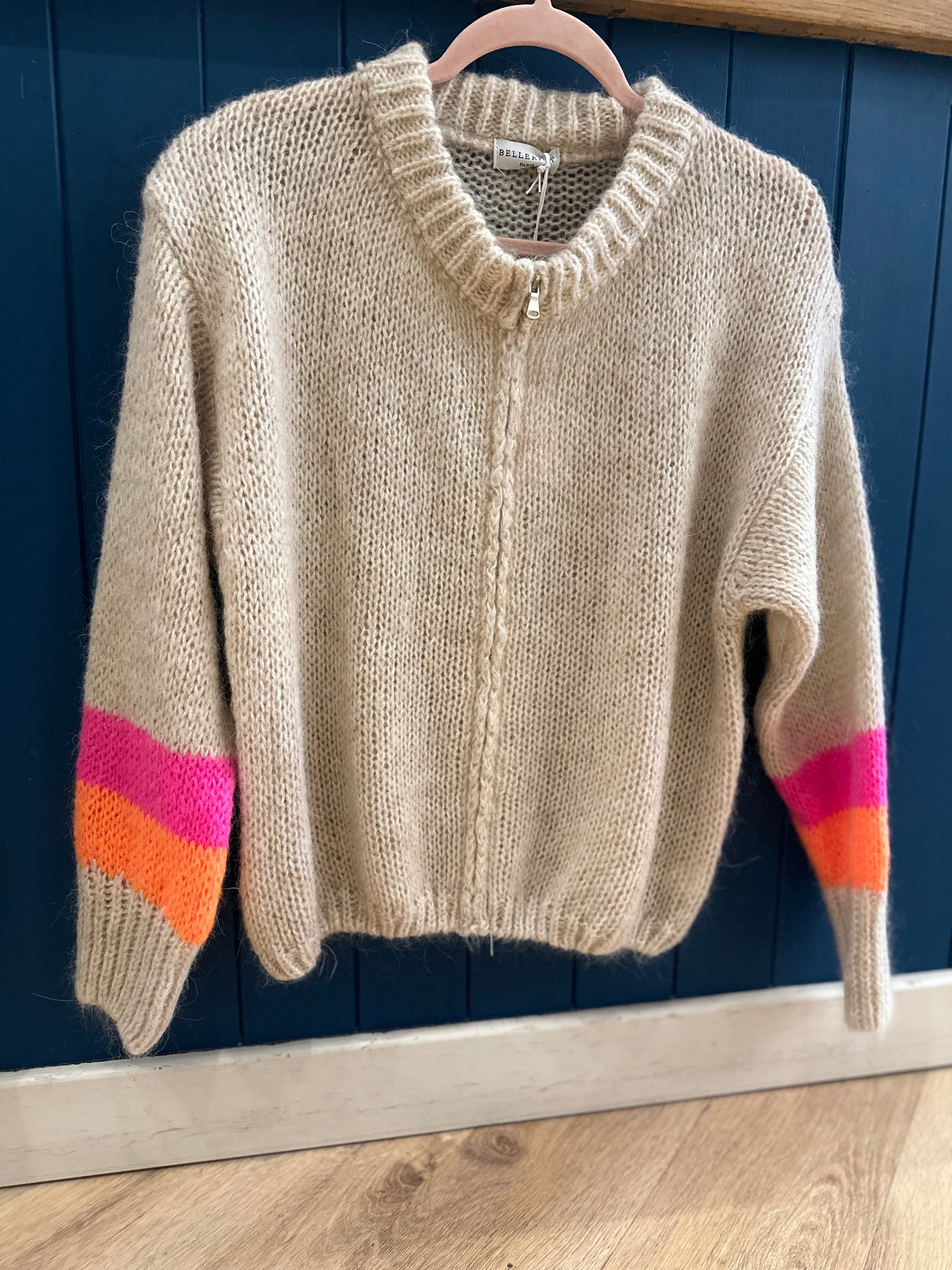 Zip Up Stripe Mohair Cardigan