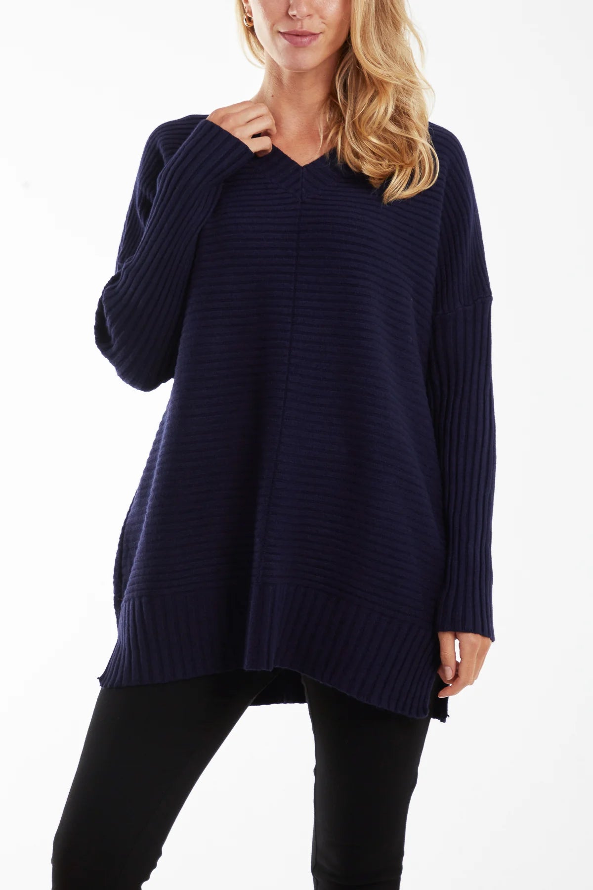 V Neck Rib Sleeve Jumper - Navy