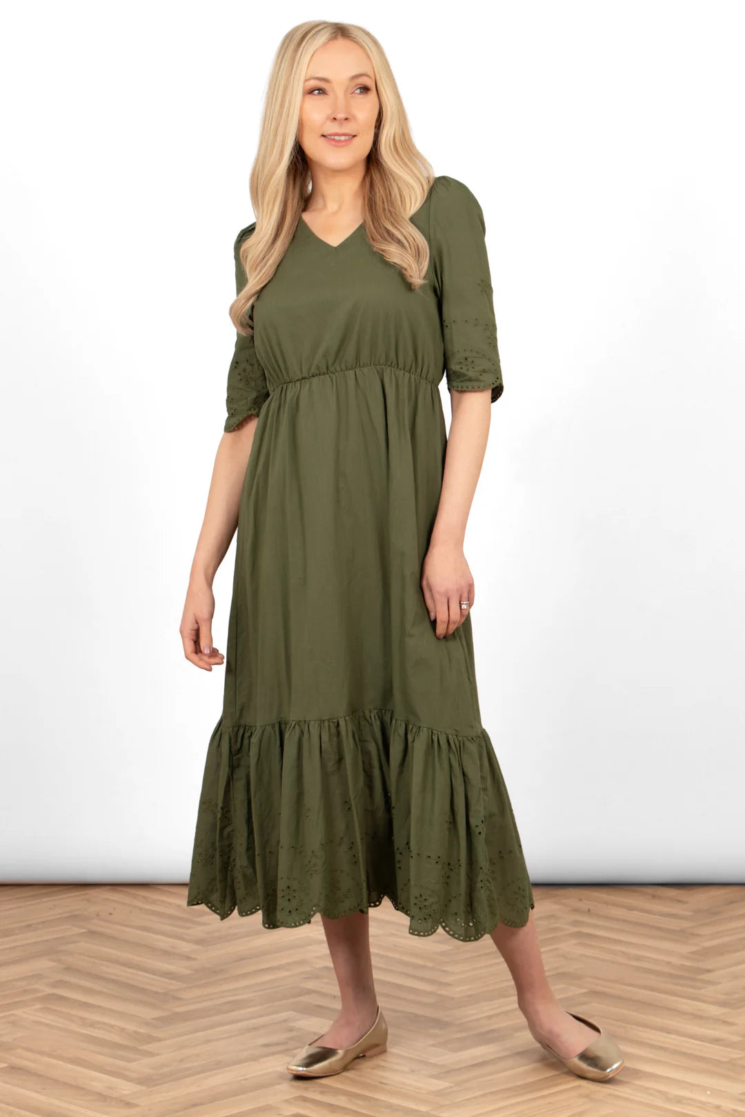 Aurelia Broderie Anglaise Cotton Dress - Khaki