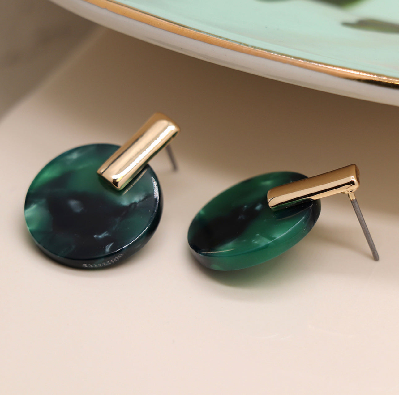 Earrings - Green & Gold Disc