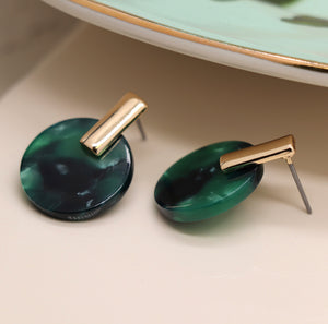 Earrings - Green & Gold Disc