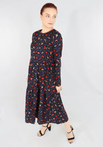 Load image into Gallery viewer, Leopard Print Tiered Dress - Navy/Orange
