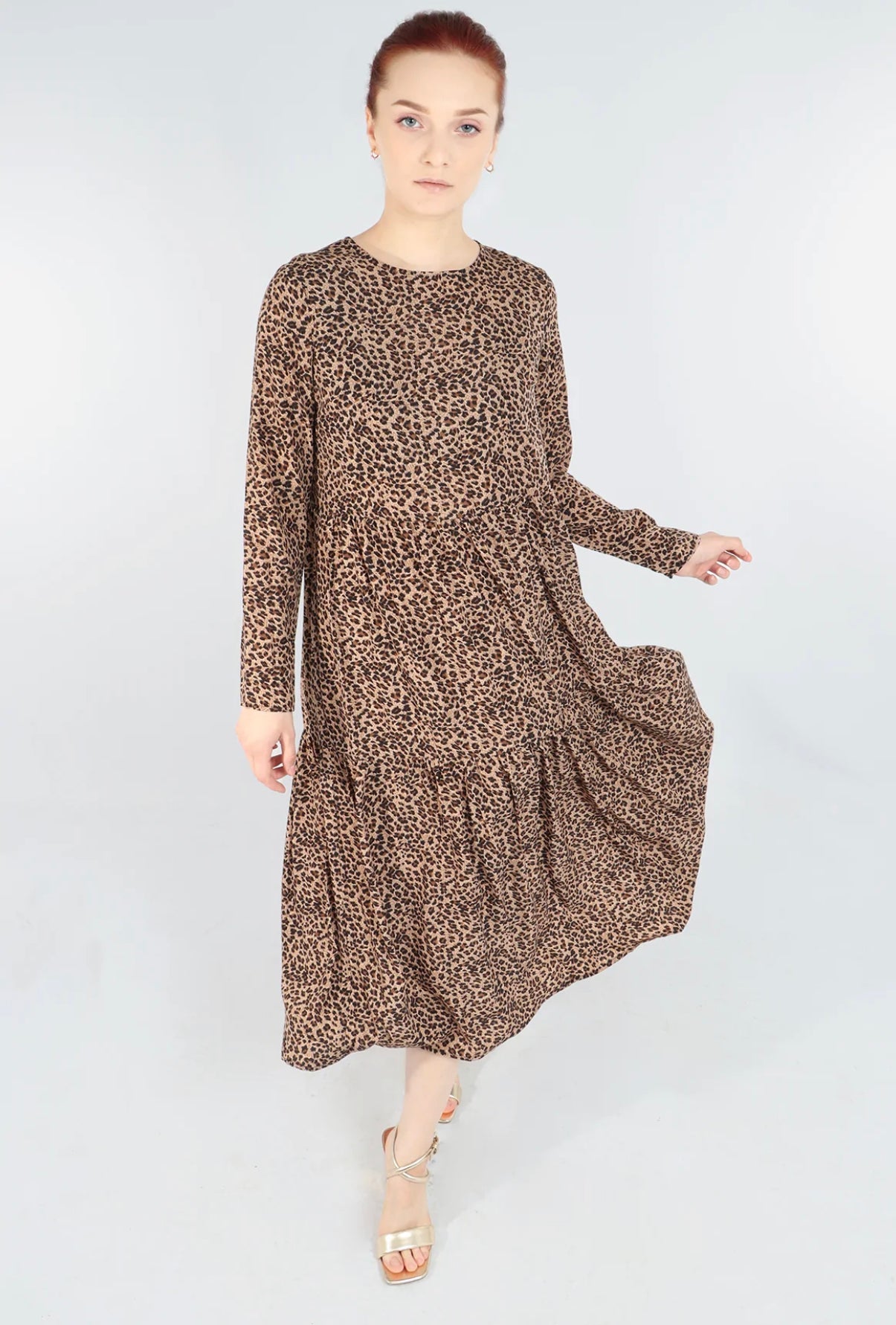 Leopard Print Tiered Dress - Neutral