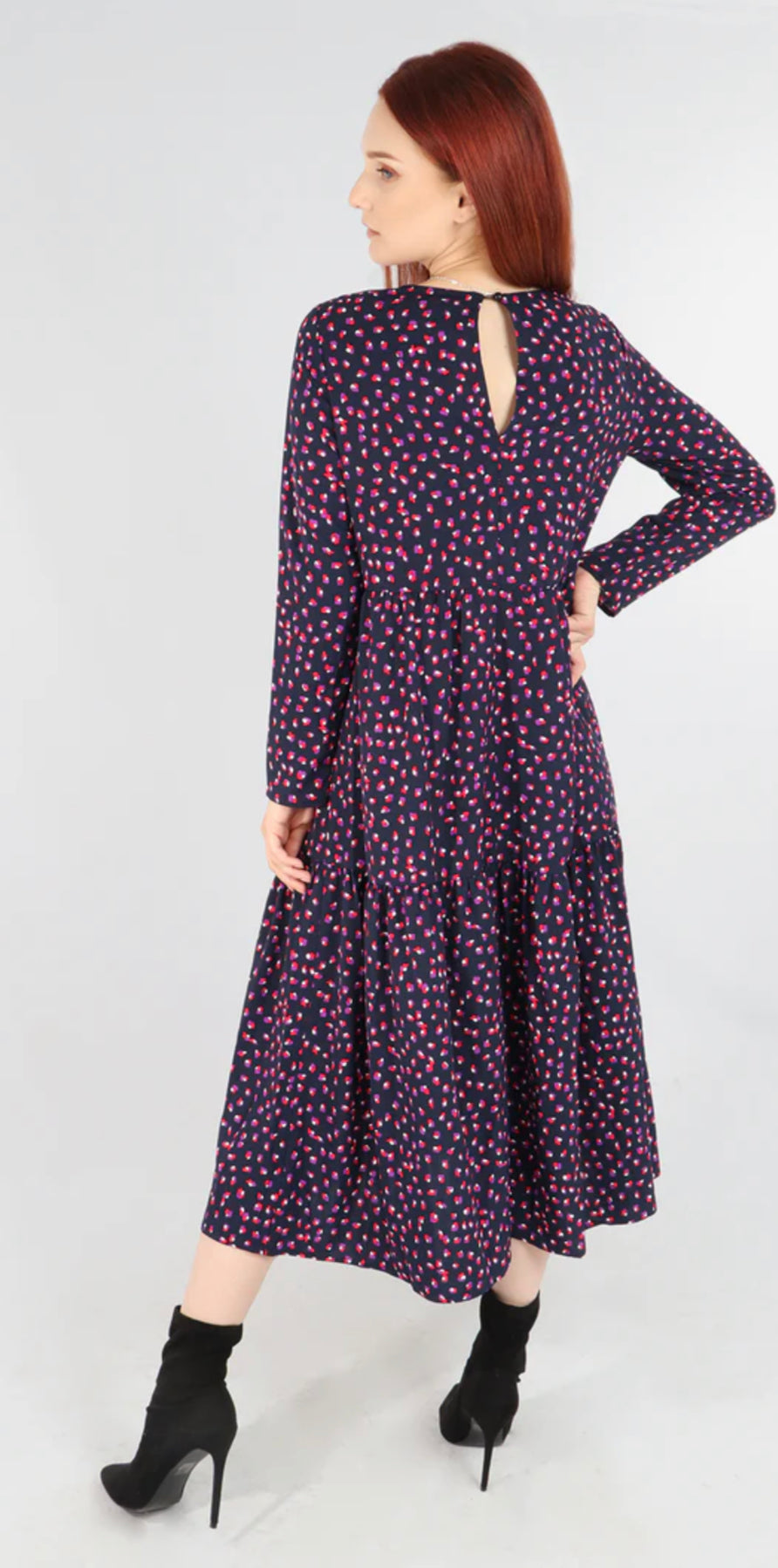 Smudge Leopard Print Tiered Dress - Navy/Pink
