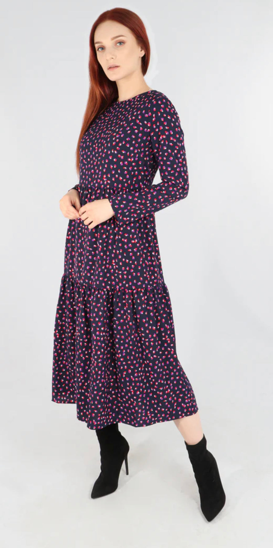 Smudge Leopard Print Tiered Dress - Navy/Pink