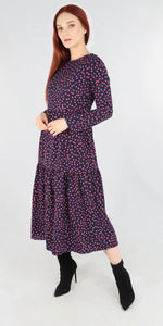 Load image into Gallery viewer, Smudge Leopard Print Tiered Dress - Navy/Pink
