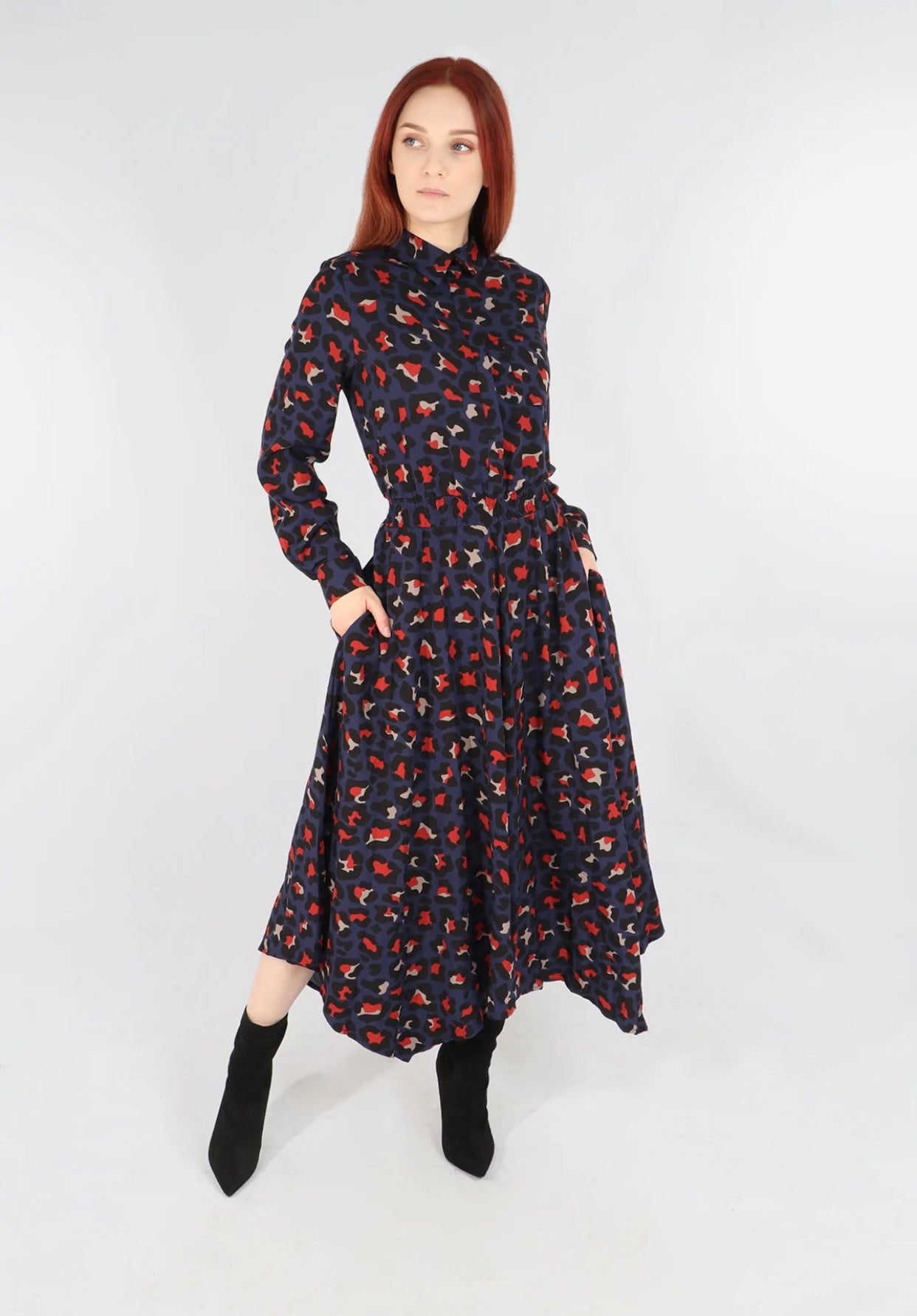 Navy & Orange Leopard Hanky Hem Shirt Dress