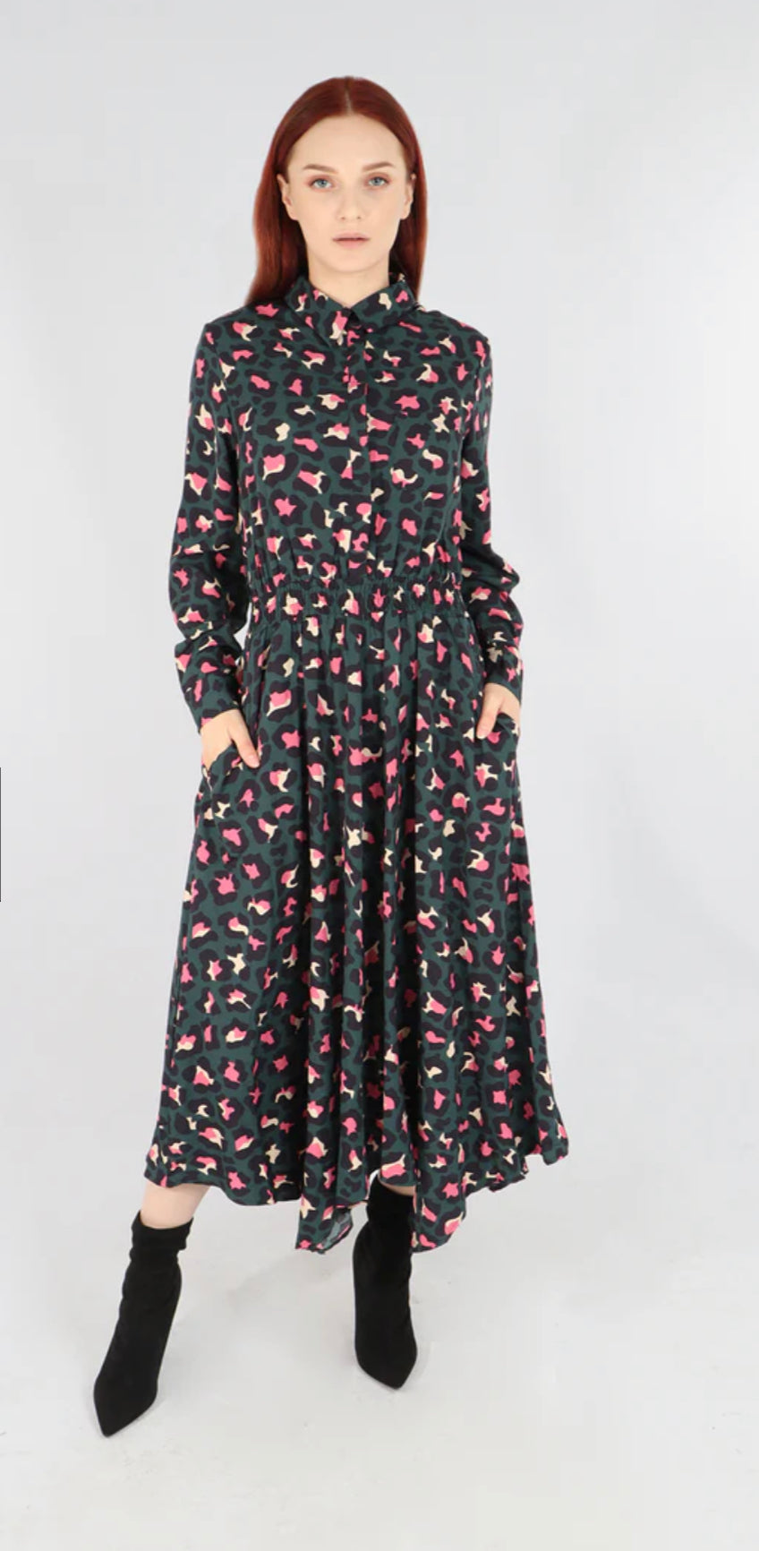 Green Leopard Hanky Hem Shirt Dress
